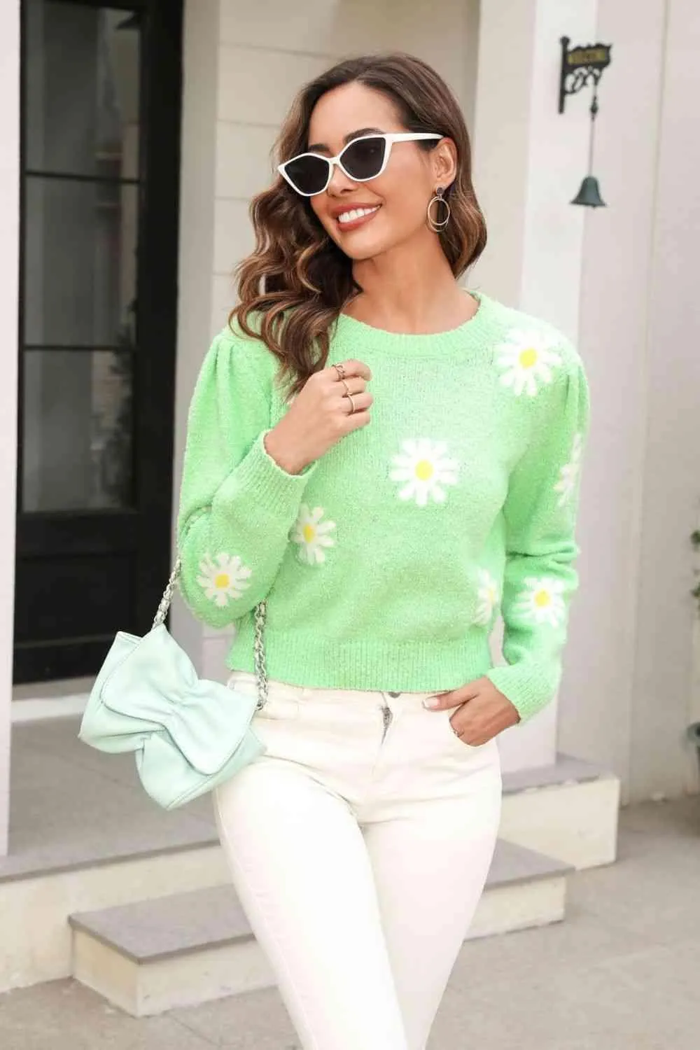 Cold Season Spirit Crew Neck Flower Sweater