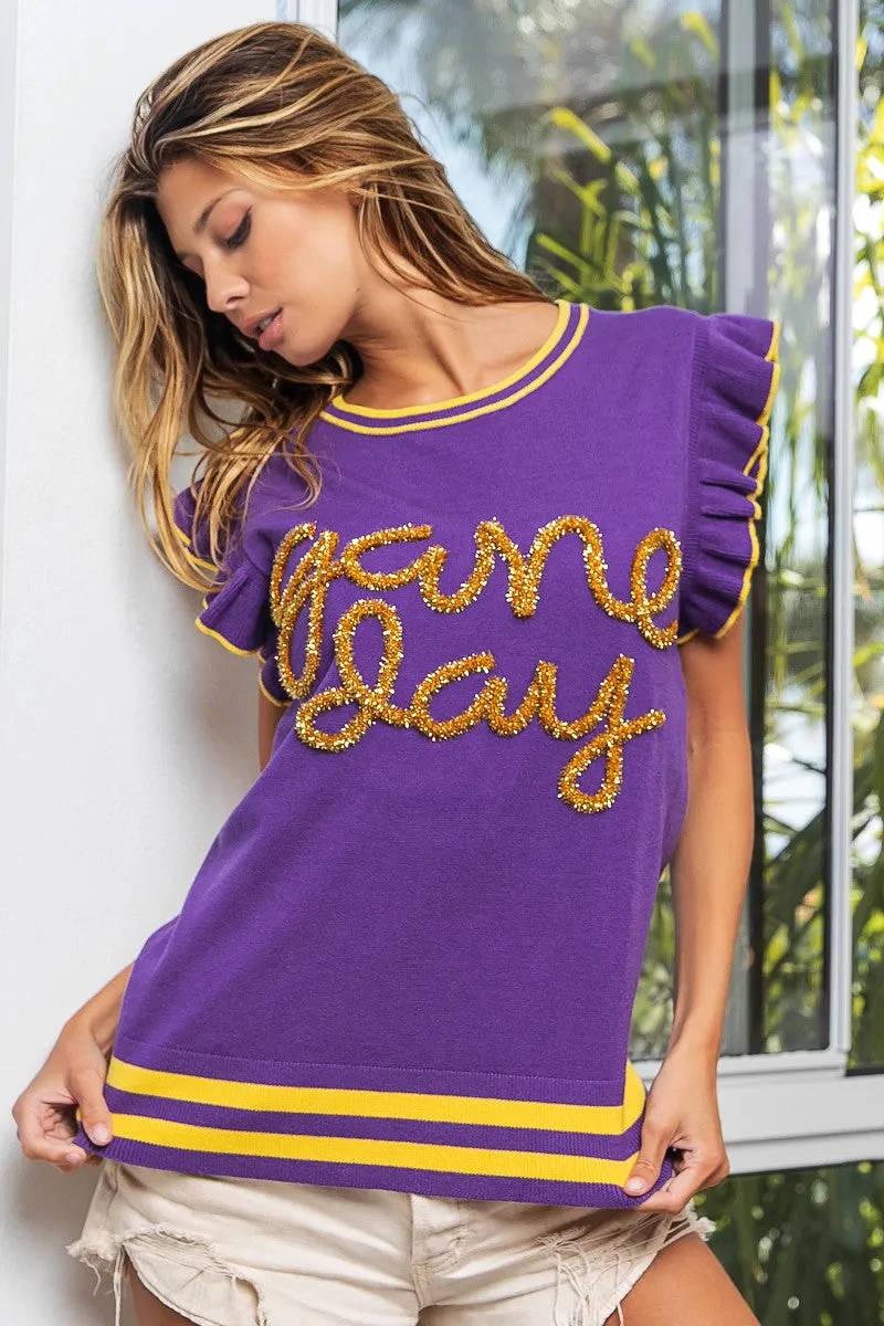 IP8109G-03 | GAME DAY LETTER RUFFLED ARMHOLE SLEEVELESS SWEATER