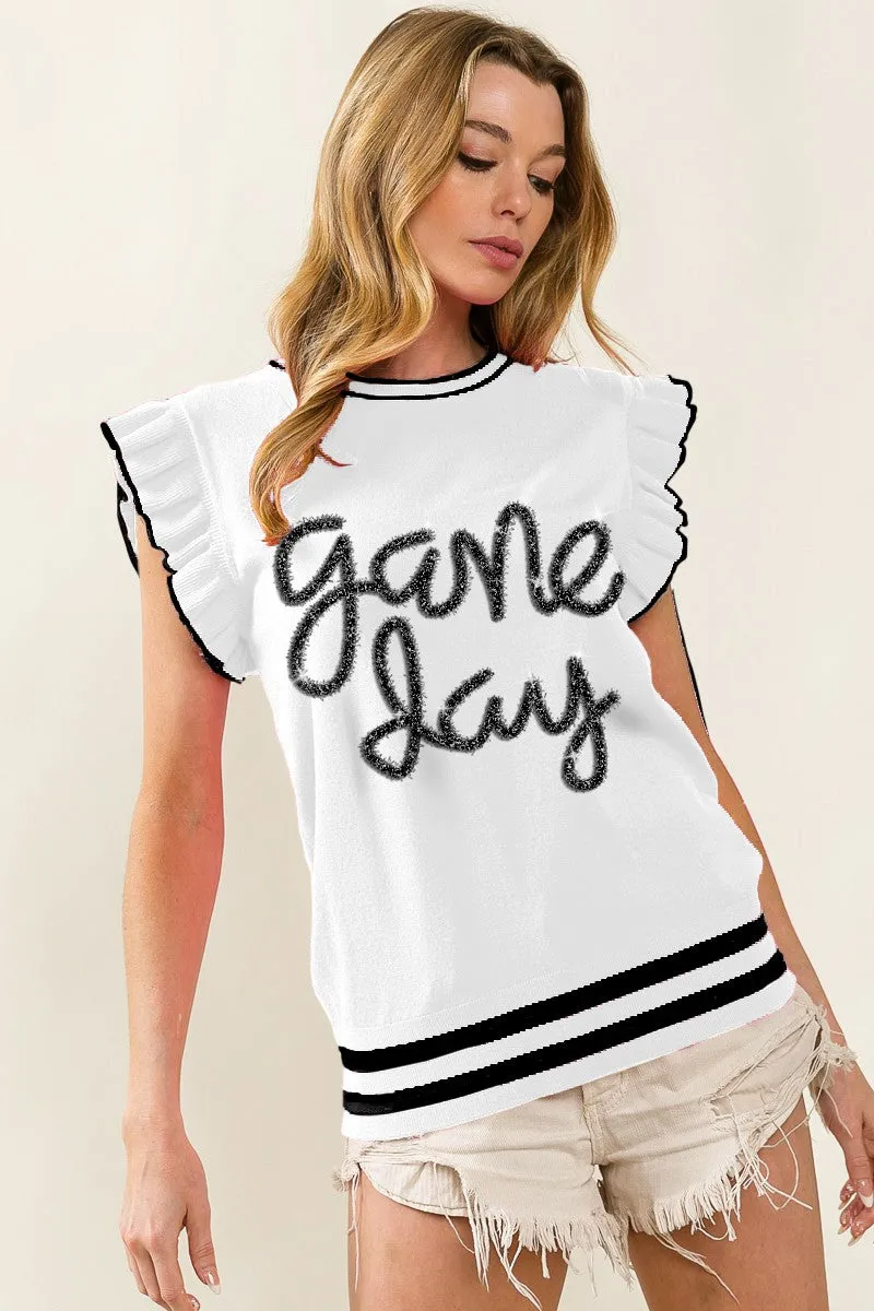 IP8109G-03 | GAME DAY LETTER RUFFLED ARMHOLE SLEEVELESS SWEATER