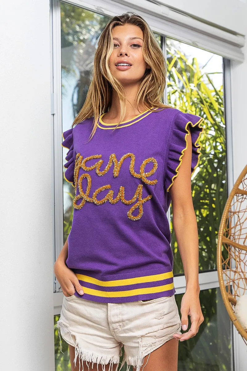 IP8109G-03 | GAME DAY LETTER RUFFLED ARMHOLE SLEEVELESS SWEATER