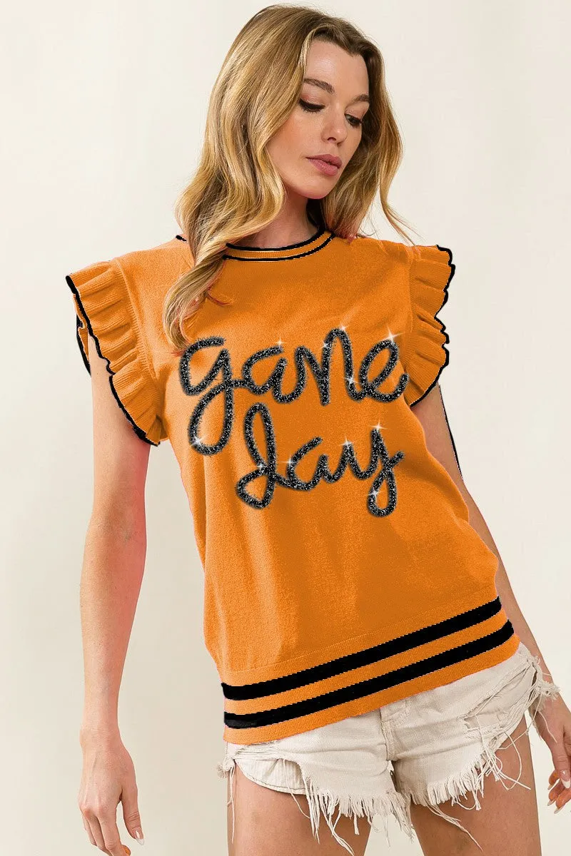 IP8109G-03 | GAME DAY LETTER RUFFLED ARMHOLE SLEEVELESS SWEATER