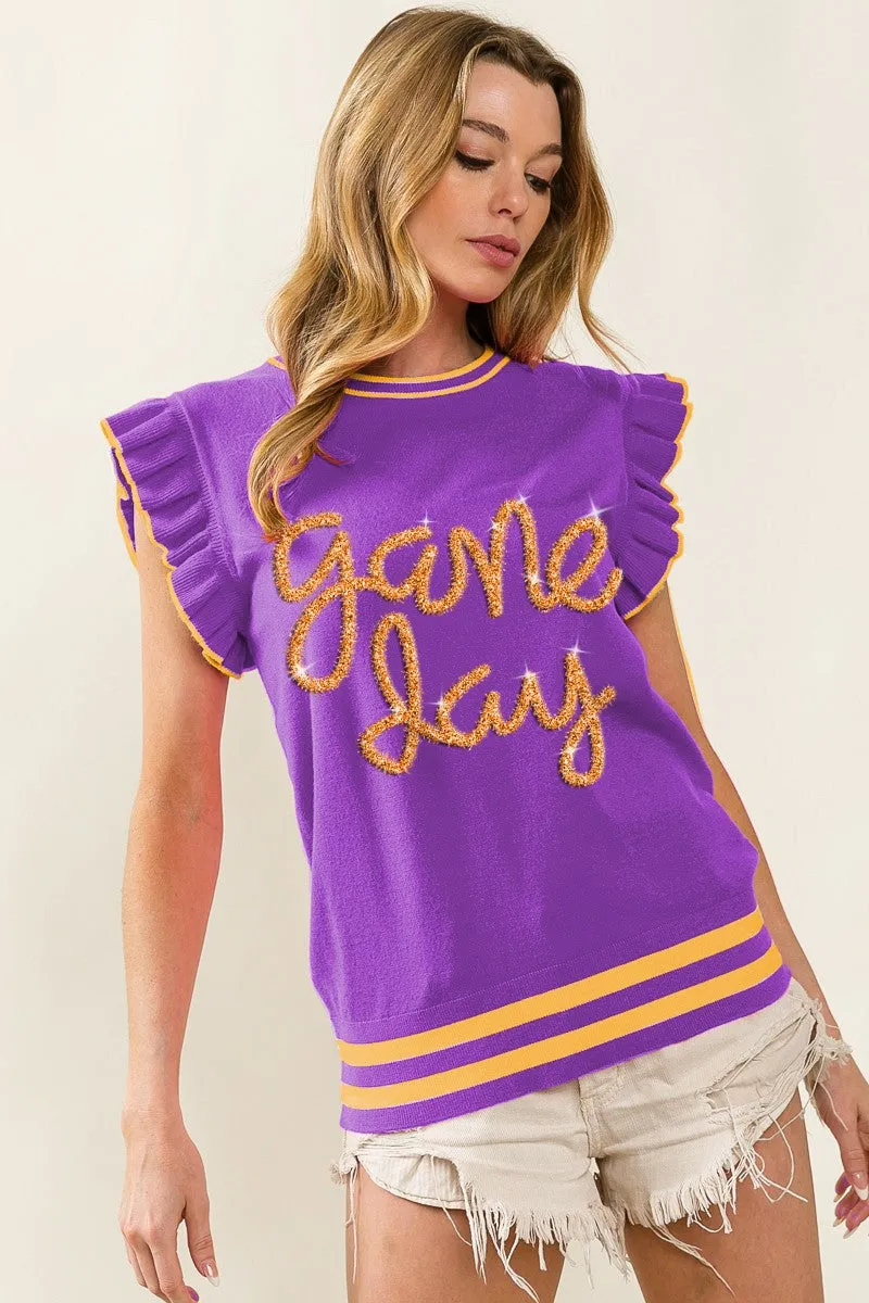 IP8109G-03 | GAME DAY LETTER RUFFLED ARMHOLE SLEEVELESS SWEATER