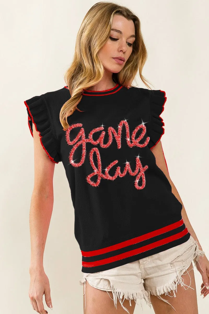 IP8109G-03 | GAME DAY LETTER RUFFLED ARMHOLE SLEEVELESS SWEATER