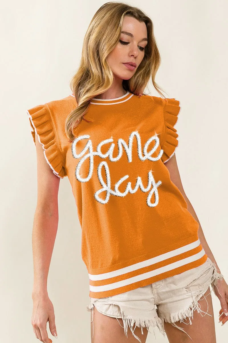 IP8109G-03 | GAME DAY LETTER RUFFLED ARMHOLE SLEEVELESS SWEATER