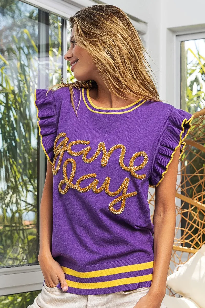 IP8109G-03 | GAME DAY LETTER RUFFLED ARMHOLE SLEEVELESS SWEATER