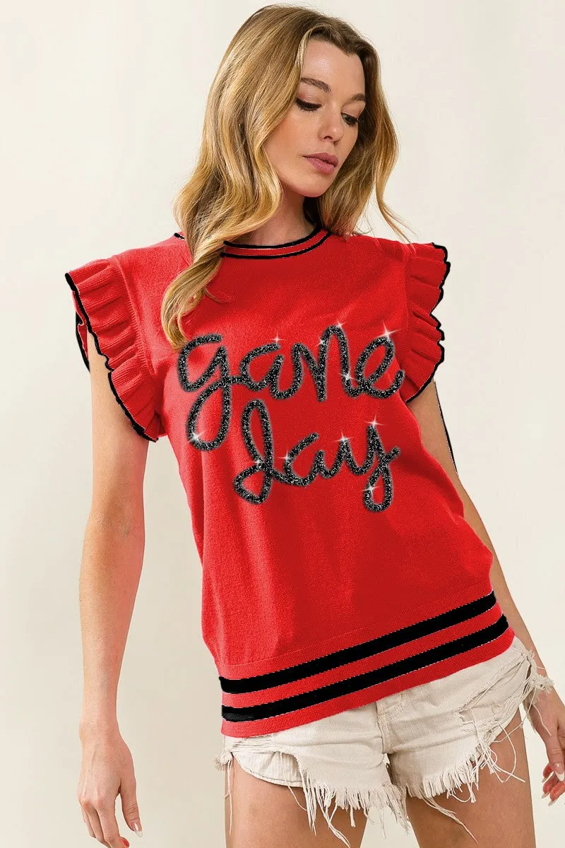 IP8109G-03 | GAME DAY LETTER RUFFLED ARMHOLE SLEEVELESS SWEATER