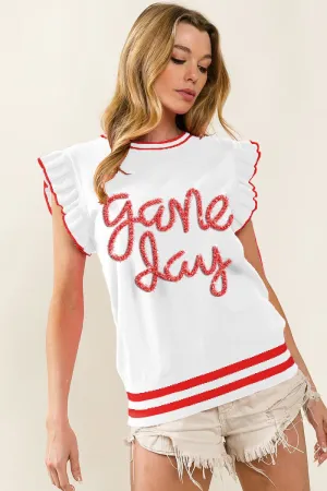 IP8109G-03 | GAME DAY LETTER RUFFLED ARMHOLE SLEEVELESS SWEATER