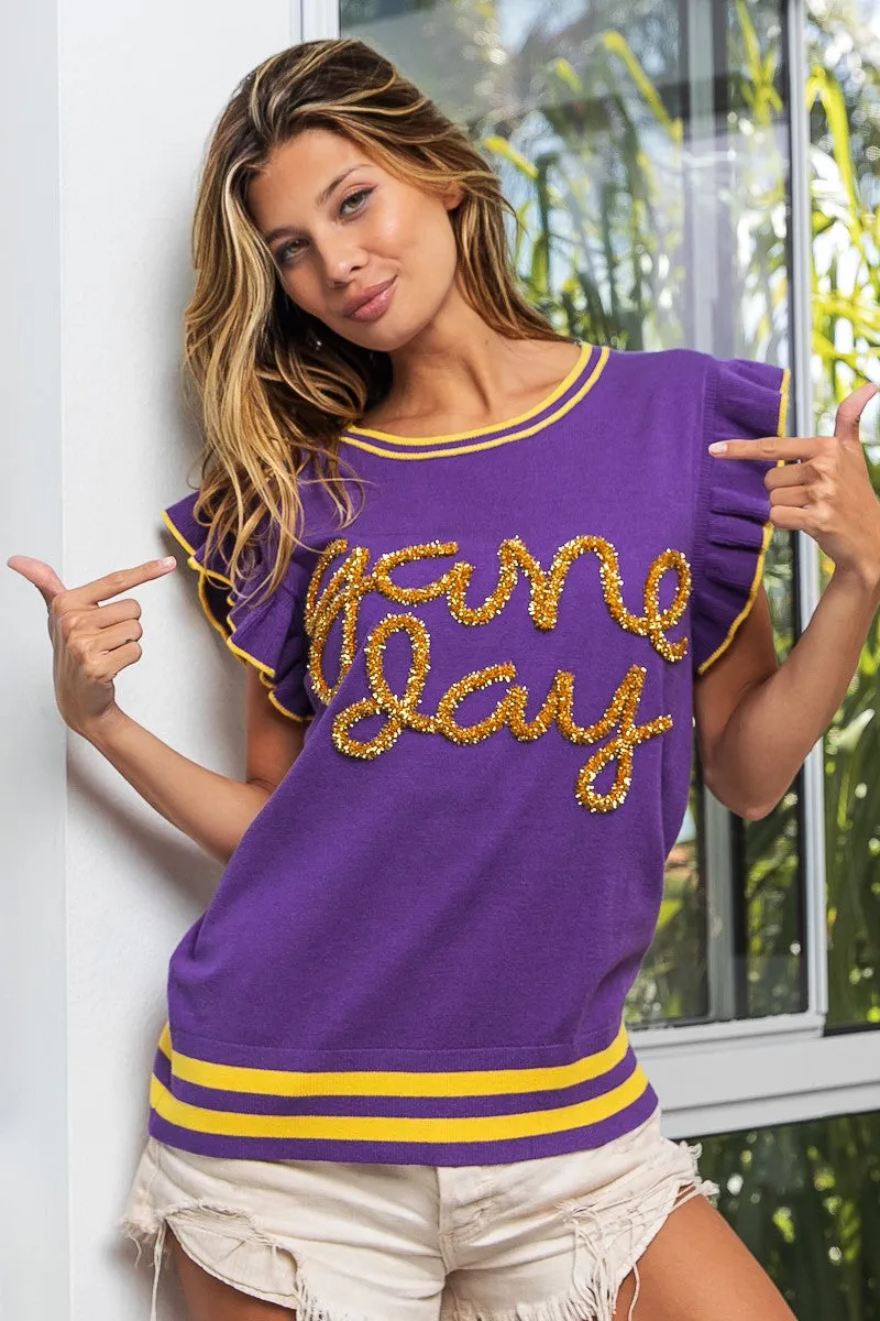 IP8109G-03 | GAME DAY LETTER RUFFLED ARMHOLE SLEEVELESS SWEATER