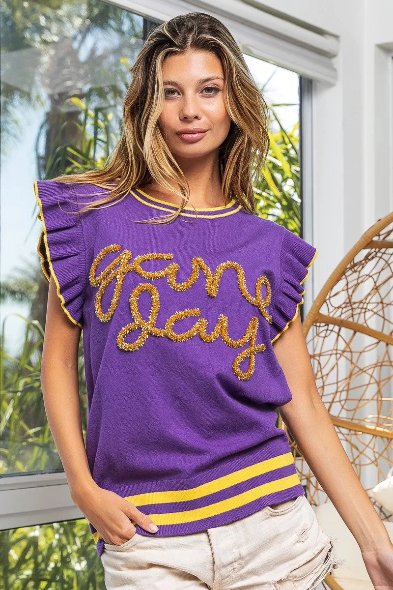 IP8109G-03 | GAME DAY LETTER RUFFLED ARMHOLE SLEEVELESS SWEATER