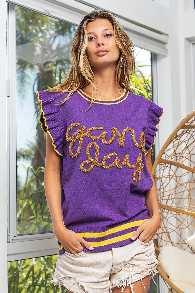 IP8109G-03 | GAME DAY LETTER RUFFLED ARMHOLE SLEEVELESS SWEATER