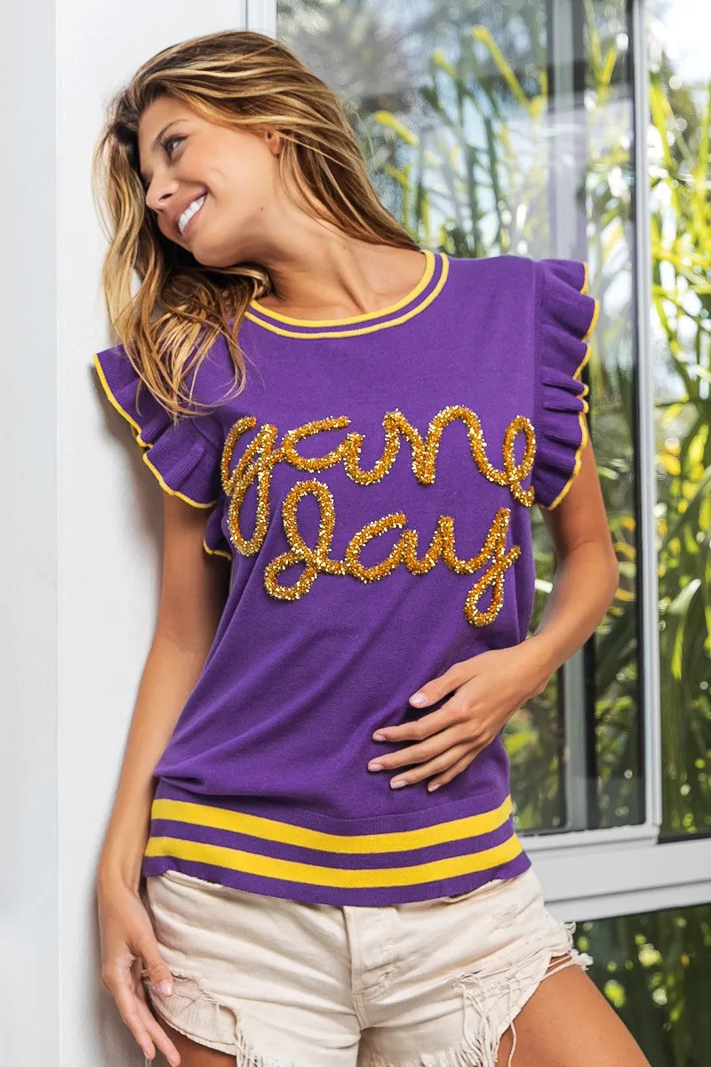 IP8109G-03 | GAME DAY LETTER RUFFLED ARMHOLE SLEEVELESS SWEATER