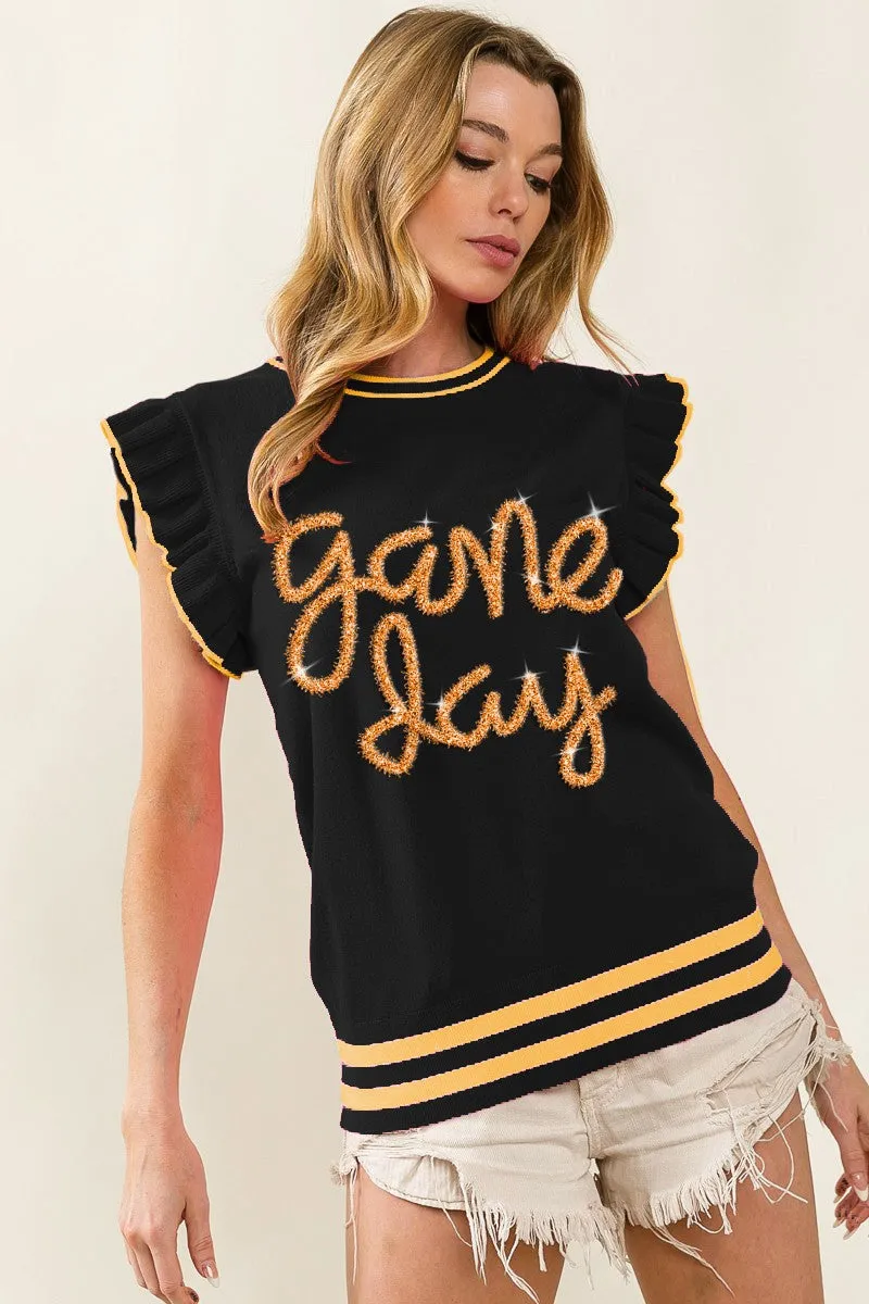 IP8109G-03 | GAME DAY LETTER RUFFLED ARMHOLE SLEEVELESS SWEATER