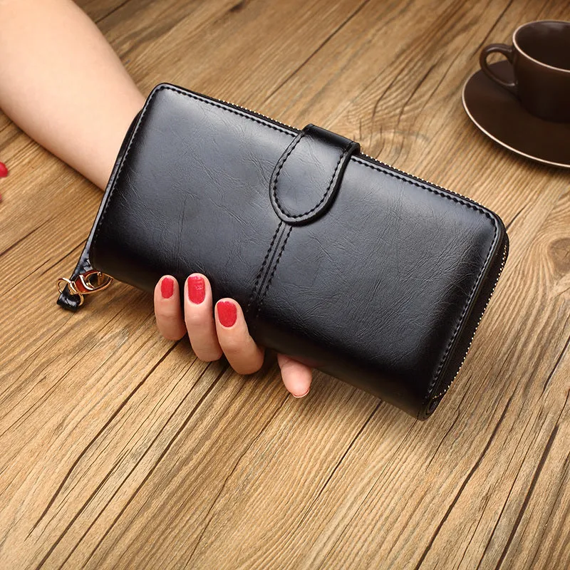 realaiot  Bifold Zipper Clutch Purse, PU Leather Textured Wristlet Wallet, Casual Portable Practical Card Holder
