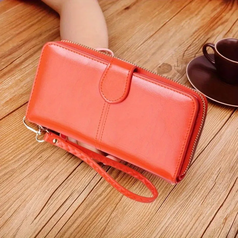 realaiot  Bifold Zipper Clutch Purse, PU Leather Textured Wristlet Wallet, Casual Portable Practical Card Holder