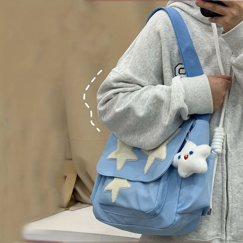realaiot  Cute Star Pattern Tote Bag, Nylon WaterProof Lightweight Shoulder Bag, Casual Practical Commuter Bag