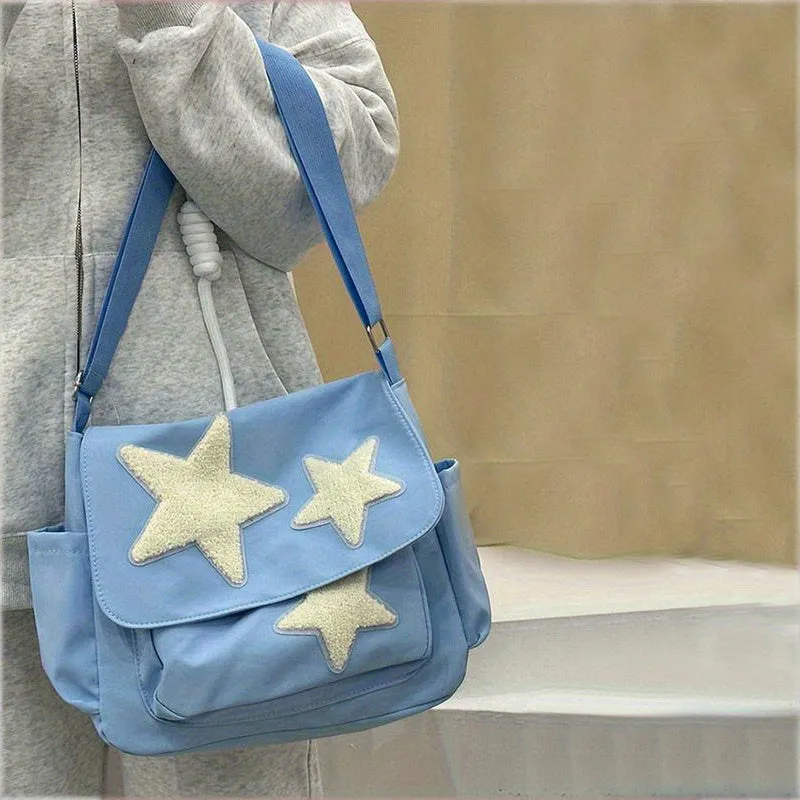 realaiot  Cute Star Pattern Tote Bag, Nylon WaterProof Lightweight Shoulder Bag, Casual Practical Commuter Bag